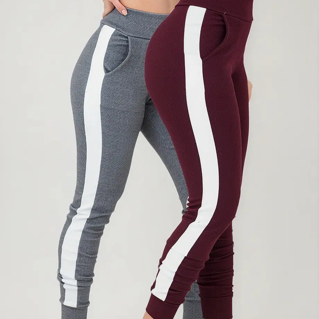 Kit 2 Calças Feminina Jogger Listrada Crepe Slm Fit Academia Kit 2 Calças Feminina Jogger Listrada Crepe Slm Fit Academia