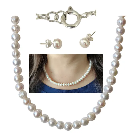 Conjunto De Perlas De Río En Plata Collar Y Aros 950
