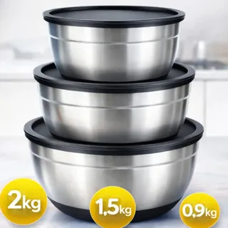 A Tabuleria Kit 3 Bowls Inox Com Tampa Hermética 22cm 20cm 18cm Potes Aço Inox Co