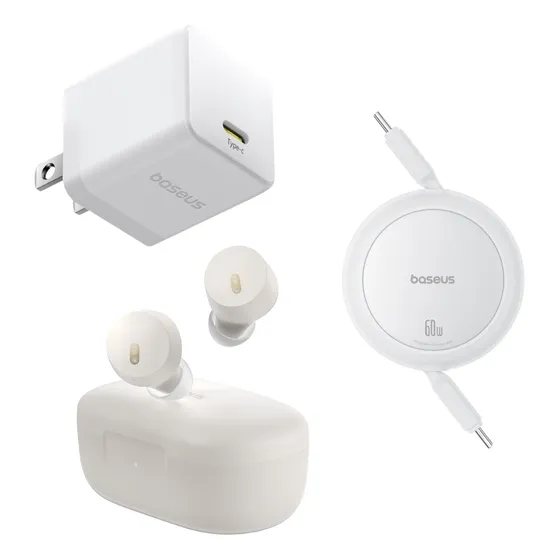 Kit Baseus Audífonos Inalámbricos Bowie E18 Bluetooth 5.3 + Cubo De Carga Usb Tipo C 30 W + Cable Retráctil Tipo C A Tipo C Carga Rápida alta compatibilidad