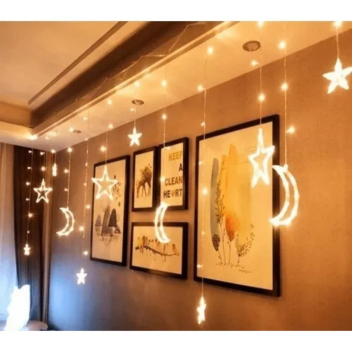 Cascada De Luz Led Lunas Y Estrellas 138 Leds 3 Mts Calidas Luz Cálido