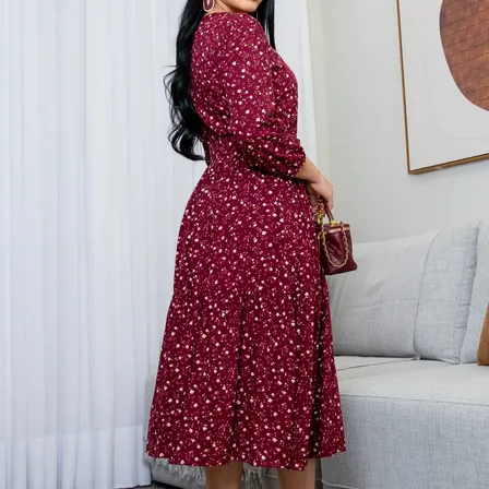 Vestido Midi Elegante Viscolinho Com Cinto Manga Três Quarto Vinho Floral M