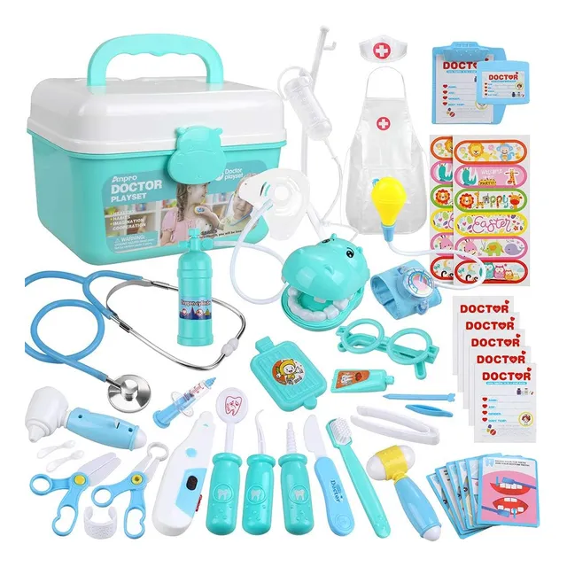 Kit De Juguetes De Doctor Para Niños Anpro An05 46 Piezas Azul Juguetes De Simulación Médica Con Estuche Juego De Rol Disfraz Doctor Kit De Juego De Dentist con Traje De Uniforme De Enfermera