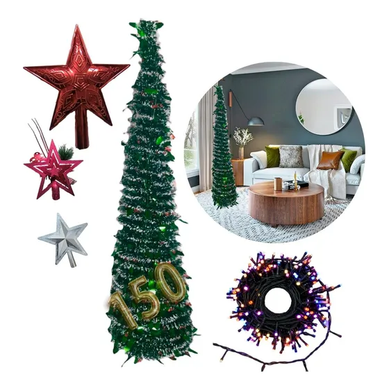 Set Navidad 100 Luces + Arbol Plegable Nieve 150cm + Estrell