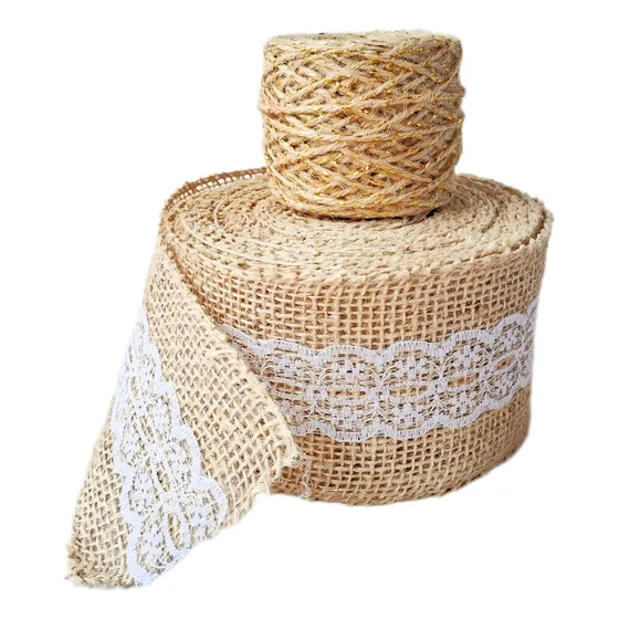 Kit Fita Juta Renda 8cm E Fio De Juta Com Lurex P/decoração