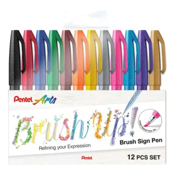 Brush Sign Pen Pentel - Estojo Com 12 Cores