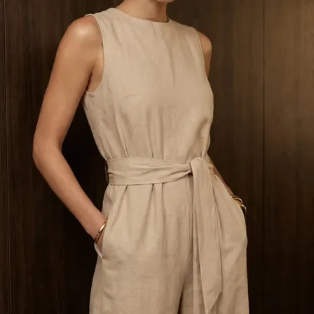 Macacão Feminino Longo Linho Pantalona Elegante Com Faixa