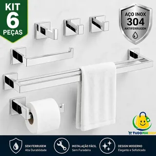 Tudomaishop Suporte Metal Para Banheiro Luxo Kit 6 Peças Porta Toalha Rosto Aço I