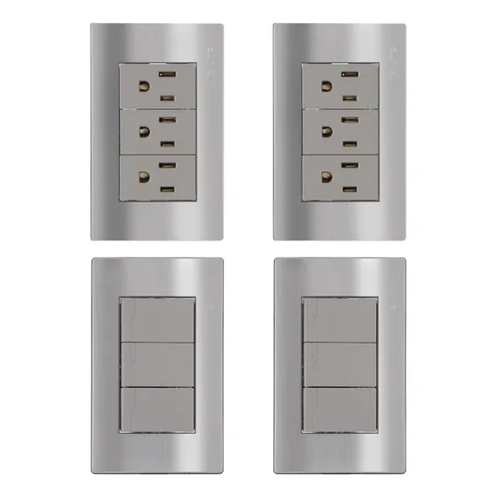 Set De 4 Placas Enchufe/ Apagador Para Hogar Color Gris