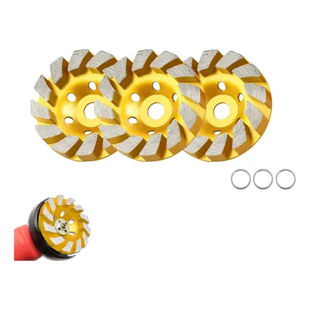 Rebolo Diamantado Jogo 3 Discos Desbaste Turbo Concreto Mármore Granito Esmerilhadeira Engrenagens Reforçadas Para Maior Durabilidade. Amarelo