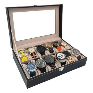 Estuche Alhajero Para Relojes Hombre Caja Organizadora Exhibidor 12 Espacios Porta Relojes Tapa Transparente Piel PU Almohadillas Para Joyas Coleccion Pulseras Mujer Elegante Regalo