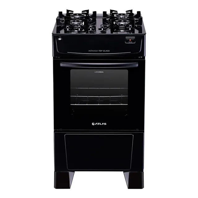 Fogão Mônaco 4 Bocas Preto Top Glass Com Mesa De Vidro Atlas - Preto