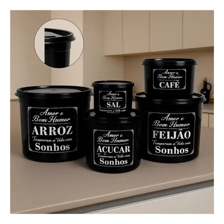 Kit 5 Potes De Mantimentos Plástico Decorado Frases Preto