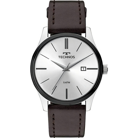 Relógio Technos Masculino Steel Prateado 2115mpp/1k Correia Marrom Bisel Preto Relógio Technos Masculino Steel Prateado 2115mpp/1k Correia Marrom Bisel Preto