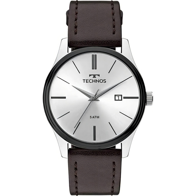 Relógio Technos Masculino Steel Prateado 2115mpp/1k Correia Marrom Bisel Preto Relógio Technos Masculino Steel Prateado 2115mpp/1k Correia Marrom Bisel Preto