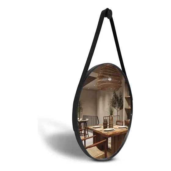 Espelho Adnet Redondo Pequeno 40cm Com Alça Em Couro Ecológico Preto Eddias Sala Quarto Banheiro Hall Decoração Suporte Parede Pino