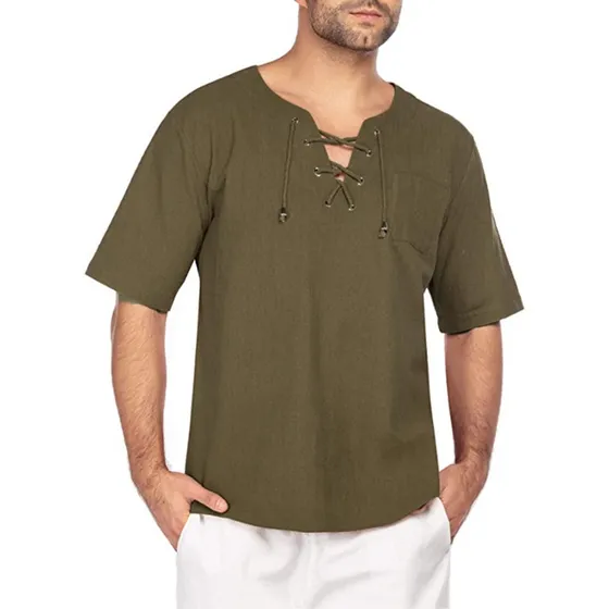 Camiseta De Lino Con Bolsillo De Color Sólido Para Hombre De