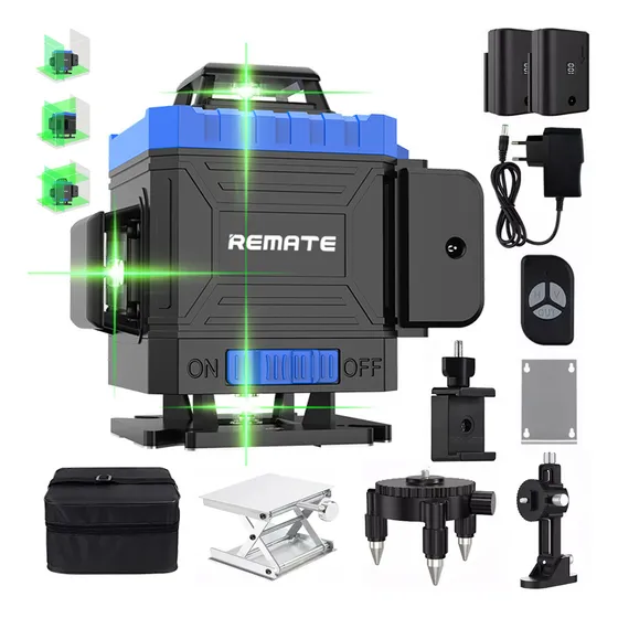 REMATE Nivel láser Autonivelante, 16 Líneas Nivelador Laser De 4D Horizontales Verticales Verde Cruzada 360° con 2 Baterías Y Control Remoto, Para Construcción De Piso De Azulejos y Colgar Imágenes