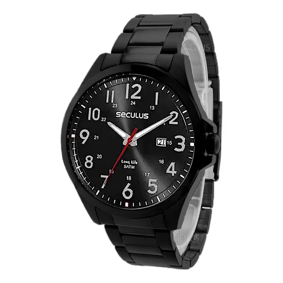 Relógio Seculus Masculino em Aço Preto com Pulseira em Aço Escovado Polido 46mm 44232gpsvpa3