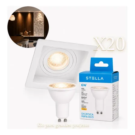 Kit 20 Spot Embutir Quadrado Recuado Dicr Mr16 C/lamp Stella 127/220v