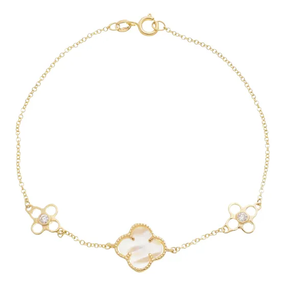 Pulseira Trevo Com Pedra Madre Pérola Em Ouro 18k