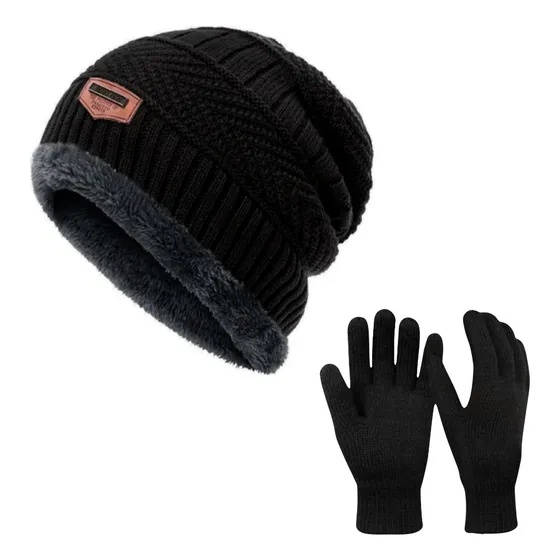 Kit Gorro Touca + Luva Inverno Lã Masculino Pelinho Frio