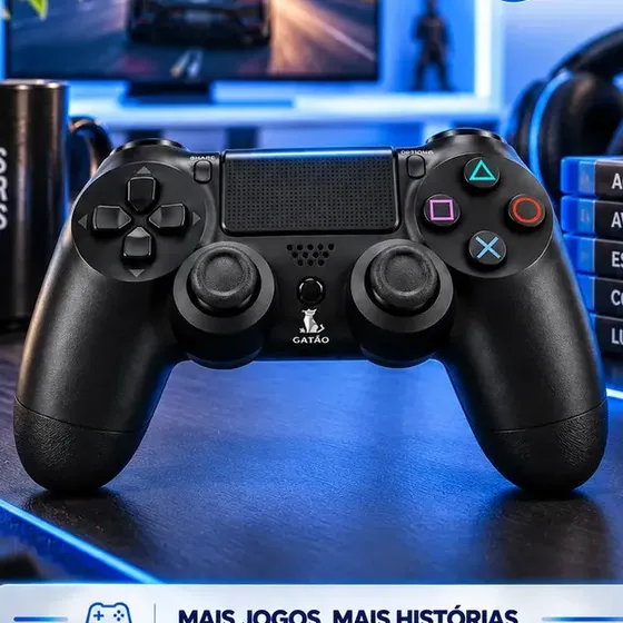 Controle Sem Fio Bluetooth Para P4 Joystick Gamepad Manete Gamer Compatível PC Notebook Smart TV Android Celular Touchpad Vibração Bateria Recarregável Entrada P2 Preto Gatão