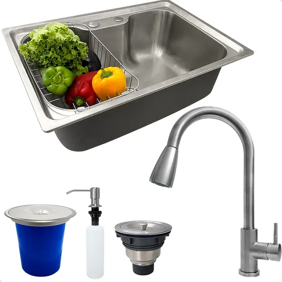 Kit Cozinha Cuba Inox Lixeira 5 Litros Torneira Pia Gourmet