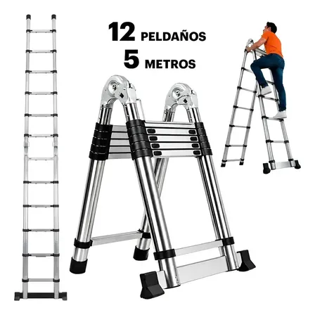 Escalera Telescópica Plegable Tipo Tijera 12 Peldaños 5m Plegable Resistente Diseño Portatil Selectshop Plateado