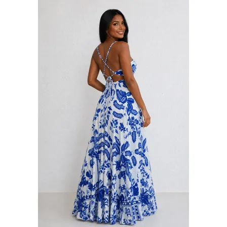 Vestido Longo Com Recorte Na Cintura E Amarração Nas Costas