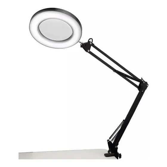 Lâmpada de mesa: lupa LED, braço articulado, unhas, cílios, estrutura, cor preta