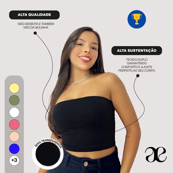 Top Faixa Sem Bojo Cropped Tube Suplex Poliamida Forro Duplo
