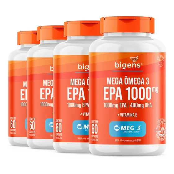 Kit 4x Mega Omega 3 Epa 1000mg, Cert. Meg-3 ® 60cps, Bigens Sabor Neutro