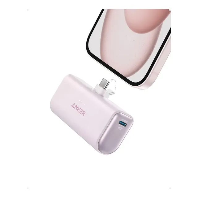 Power Bank Anker Nano con conector USB-C plegable integrado, cargador portátil de 5000 mAh 22.5 W, para iPhone 15/15 Pro/15 Pro Max, Samsung S22/23 Series, Huawei, iPad Pro/Air, AirPods y más (Rosado)
