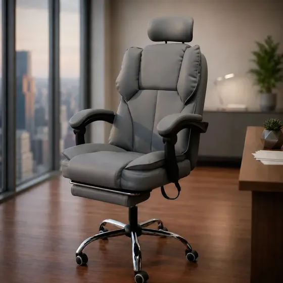 Cadeira Escritório Presidente Premium Ergonômica Reclinável 7 Pontos de Massagem Suporta 150kg em Couro Sintético Cinza Ergolux