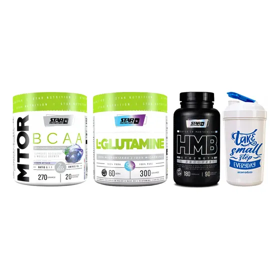 Star Nutrition Combo Mtor Bcaa Grape Attack X270 Gr + Glutamina X300 Gr + Hmb 180 Caps + Shaker