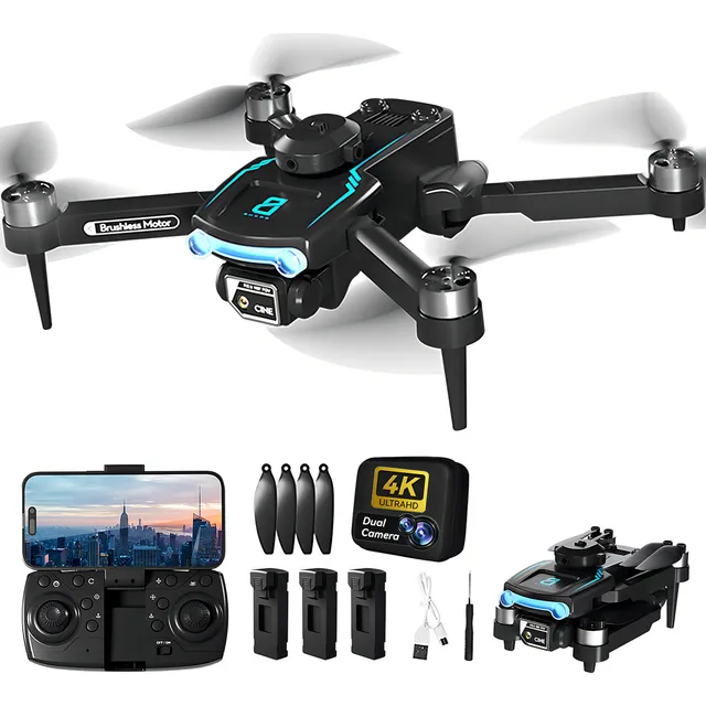 Mini Dron 4K con Doble Cámara HD Profesional Plegable Wifi Tres Baterías Sin Escobillas 2.4Ghz Negro