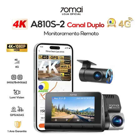 Câmera Veicular 70mai A810s-2 4K+1080P Câmera de Carro com Visão Noturna Dual Sony STARVIS 2 HDR, Suporte 4G LTE, ADAS, GPS e Wi-Fi 6, Modo de Estacionamento 24 H Bluetooth