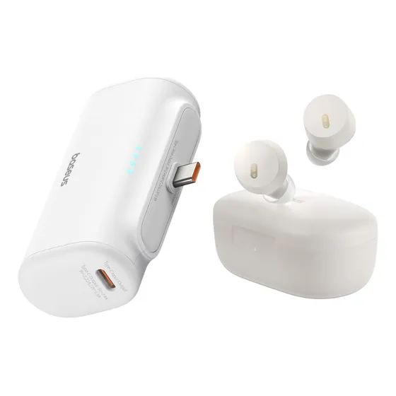 Baseus Kit Power Bank 5000mah 20w 2 Puertos Tipo C Bateria Portátil Color Blanco + Audifonos Inalambricos Bluetooth 5.3 Bowie E18 Carga Rápida Ligero, Potente Y Versátil Apple Y Android
