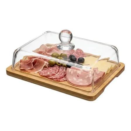 Porta Frios Base Bambu / Tampa Vidro Premium Organizador Transparente