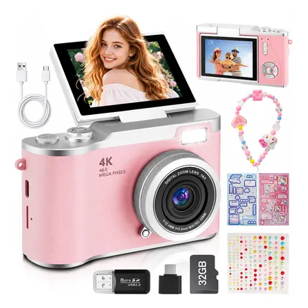 Câmera Digital Portátil 4k Hd Com 32gb Tela Flip Para Selfie Rosa