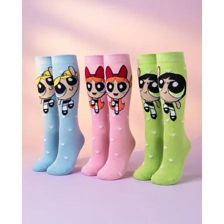 Kit 3 Pares Meia Meninas Super-poderosas Algodão Divertida Multicolorido Desenho 35-40