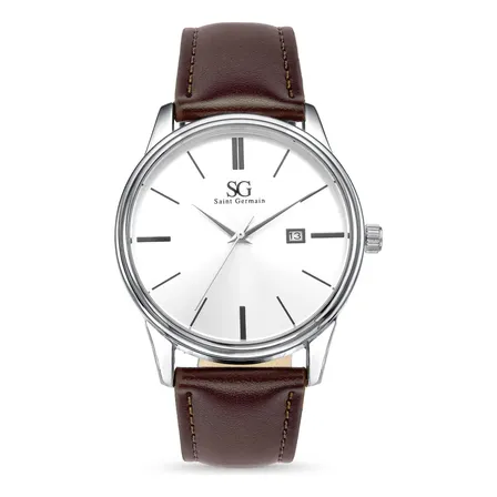 Relógio Masculino Preto Saint Germain Correia De Couro Marrom Caixa Prateada Fundo Prata 42mm Elegante Clássico Prateado