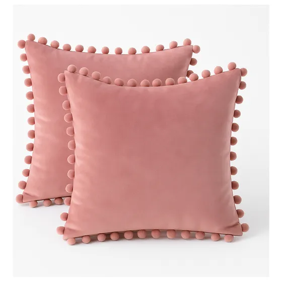 Pack 2 Funda De Cojin Con Pompones Terciopelo Velvet 45x45