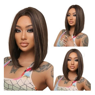 Peruca Lace Wig Organica Corte Chanel Preta C/mechas Mel Peruca Lace Wig Organica Corte Chanel Preta C/mechas Mel