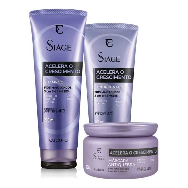 Kit de tratamento capilar Eudora Siàge Acelera o Crescimento contendo um frasco de shampoo, um de condicionador e um pote de máscara antiquebra em embalagens roxas.