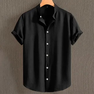Camisa Social Slim Gola Padre Linho Masculina Manga Curta Preto GPor Mult Online