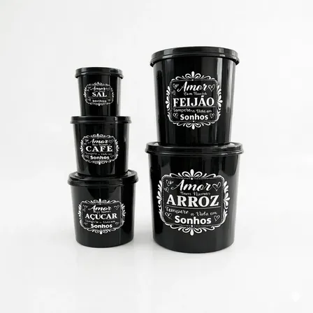 Kit De Jogo Mantimentos 5 Peças Potes Plástico Resistente Preto