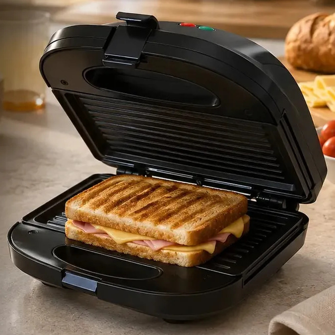 Sanduicheira Elétrica Preta Luxe Grill 2 em 1 Antiaderente Multiuso 750W Inox Preto Compacta para Sanduíches e Grill Elétrico Prático Viacruz