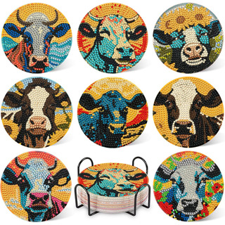 8 Posavasos De Pintura De Diamante De Vaca Con Soporte, Posa 8 Posavasos De Pintura De Diamante De Vaca Con Soporte, Posa